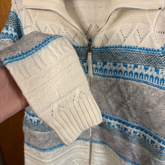 Talbots Ivory Blue Full Zip Fair Isle Cable Knit Cardigan Sweater Fisherman Soft - Picture 14 of 16
